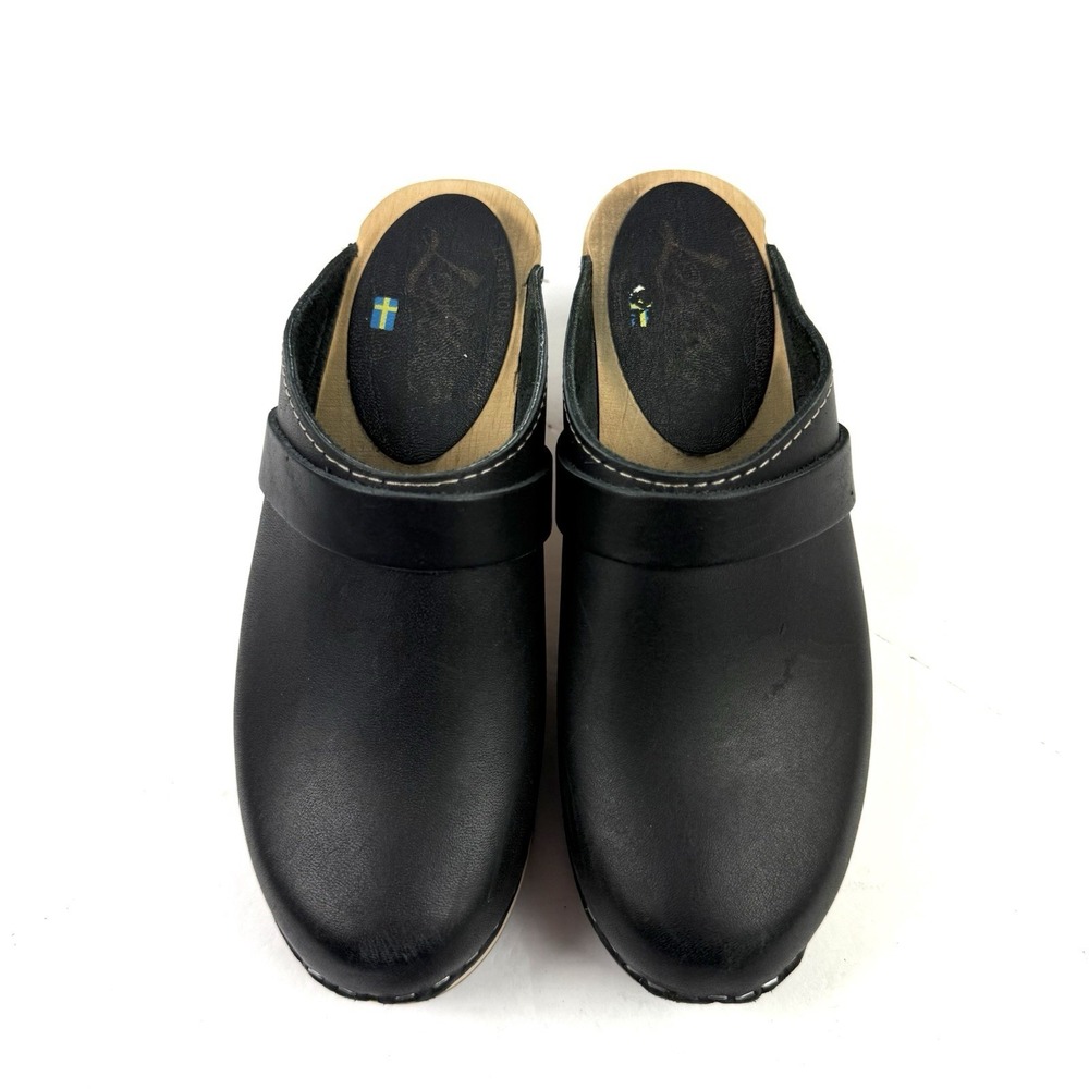 Lotta From Stockholm Swedish Clog 37 Black Leather Wood Heel Slip On Womens